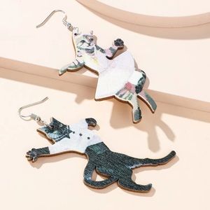 🐈‍⬛ Super Cute Oversized Wooden Mismatched Dancing Kitty Cat Drop Earrings 🐈